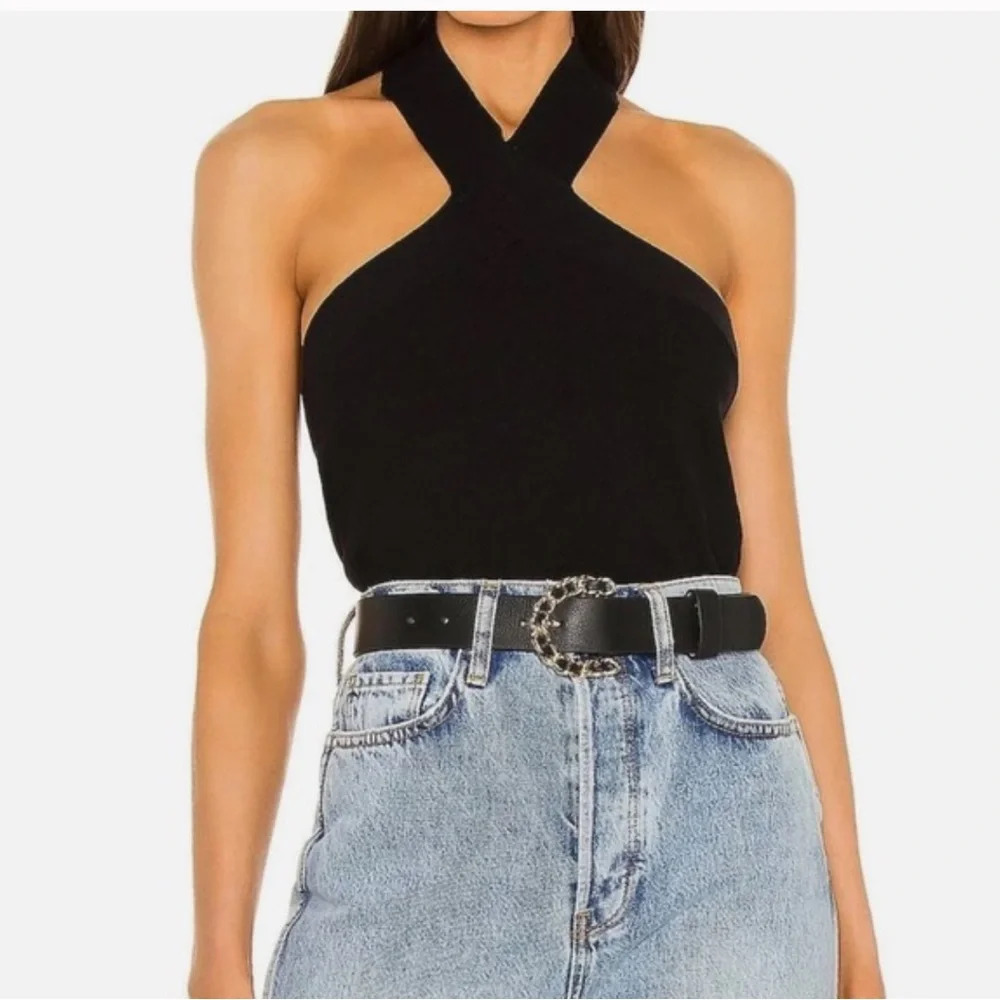 525 America cross Halter Ribbed Top In Black, Size L NWT